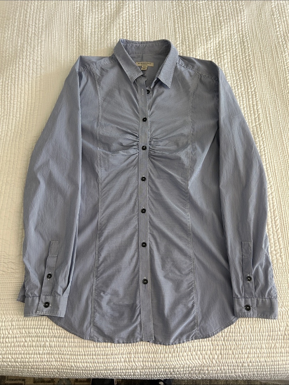 Burberry Blue and White Stripe Gathered-Front Shirt